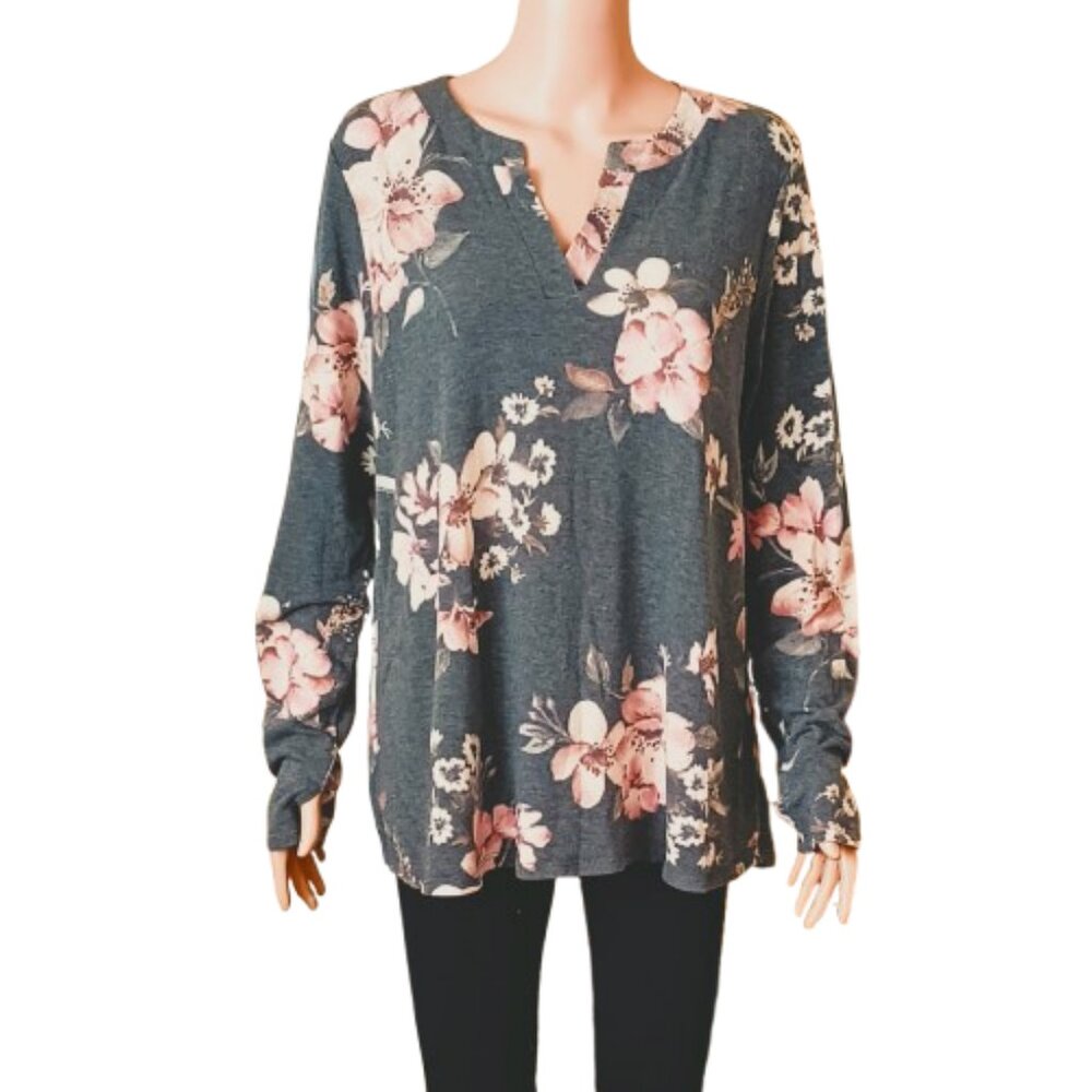 Dear Scarlett Floral Long Sleeve Top L Gray White & Pink Split Neck Thumb Hole